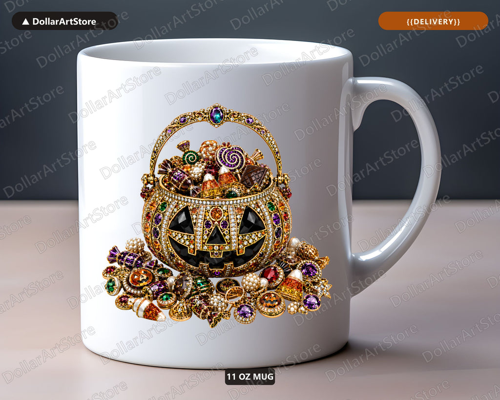 Jeweled Pumpkin Mug, Ornate Halloween Coffee Mug, Gemstone Basket Design