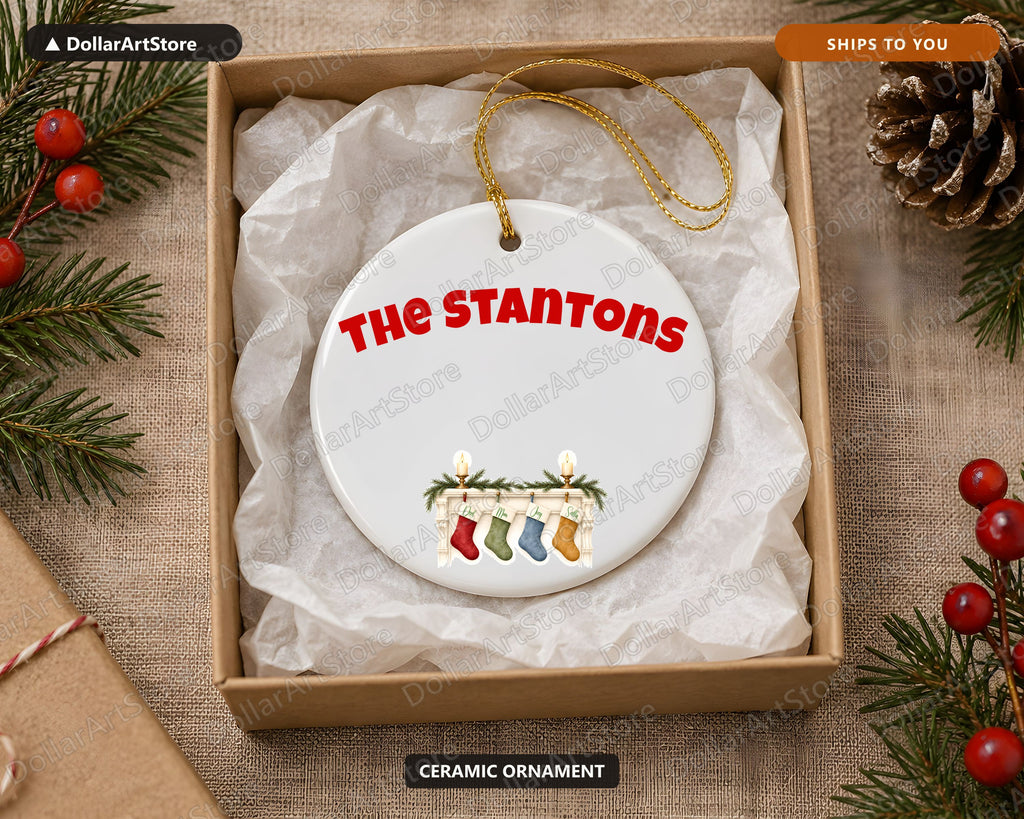 Holiday Mantel with Stockings Christmas Ornament, Ceramic Tree Ornament, Family Keepsake Gift