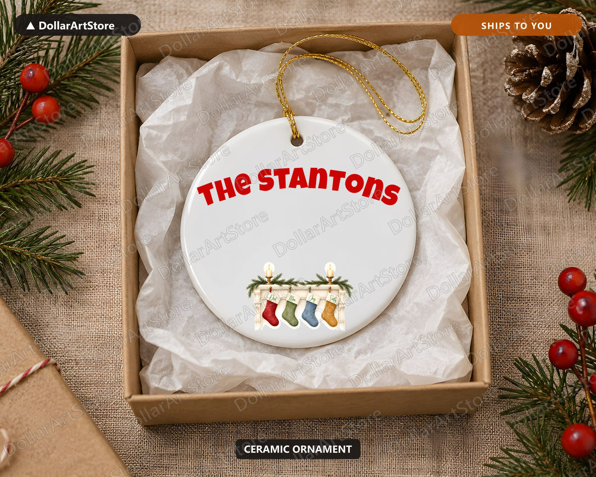 Holiday Mantel with Stockings Christmas Ornament, Ceramic Tree Ornament, Family Keepsake Gift