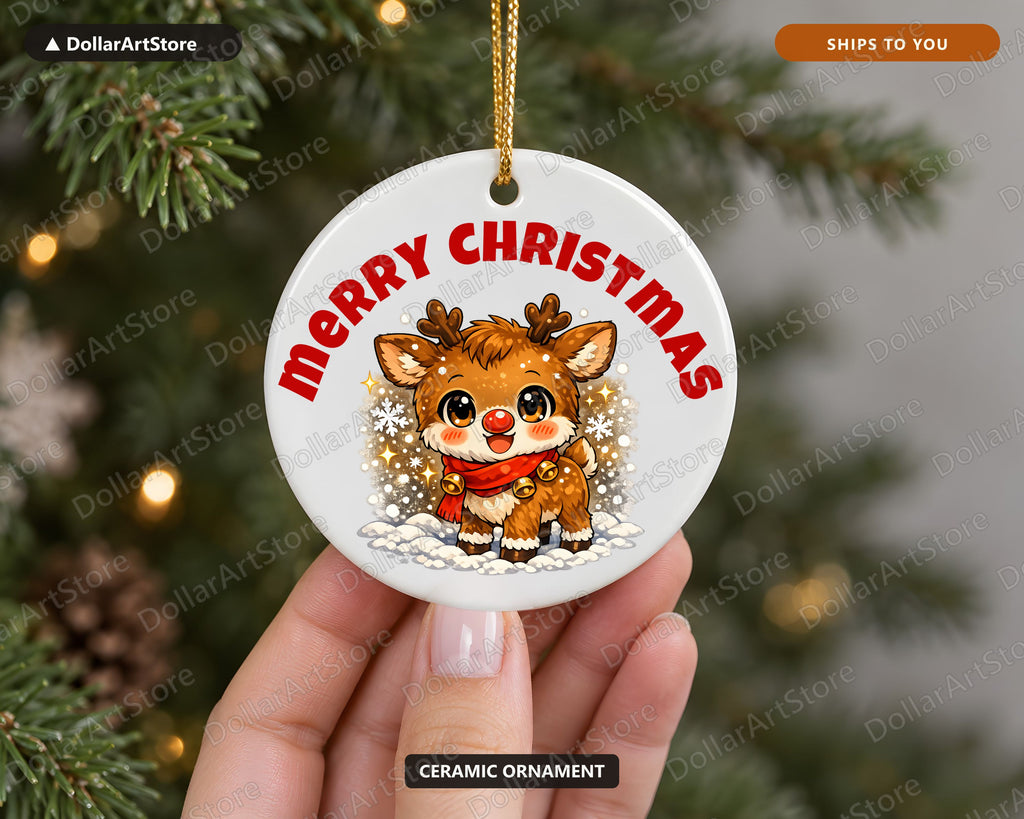 Cute Reindeer Christmas Ornament, Ceramic Holiday Keepsake Gift