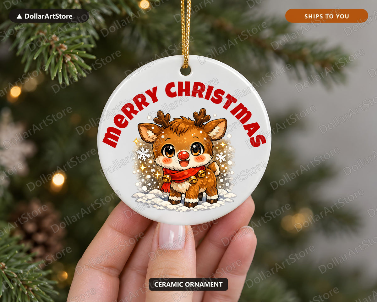 Cute Reindeer Christmas Ornament, Ceramic Holiday Keepsake Gift