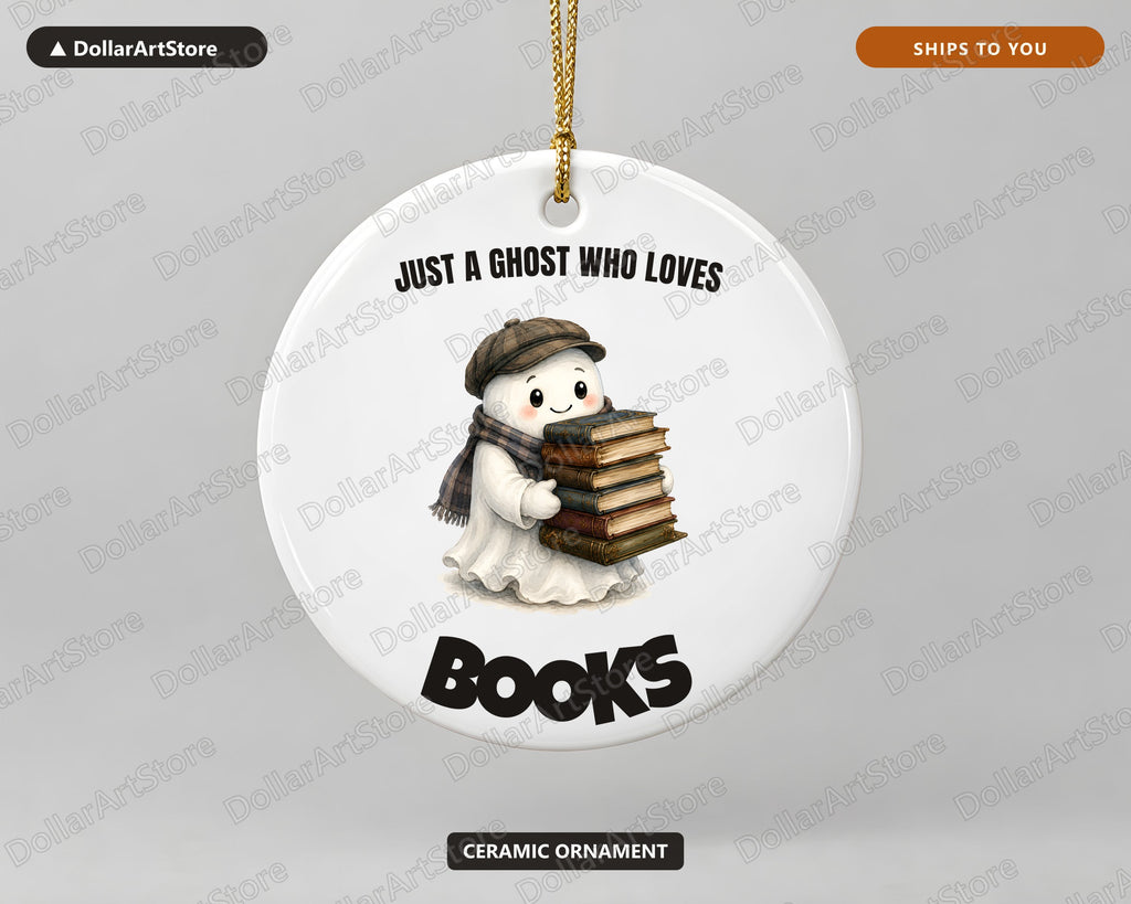 Bookish Ghost Ceramic Christmas Ornament, Literary Holiday Gift