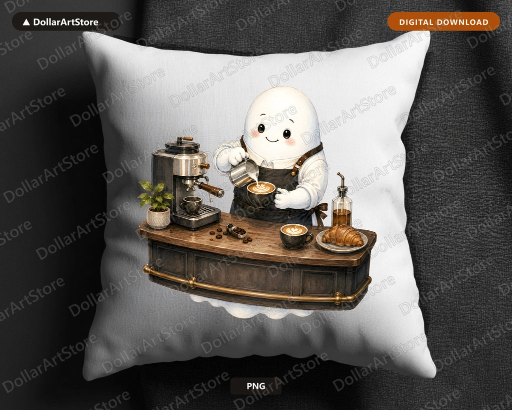 Cute Coffee Barista Ghost PNG, Sublimation Design, Shirt & Tumbler Design Digital Download