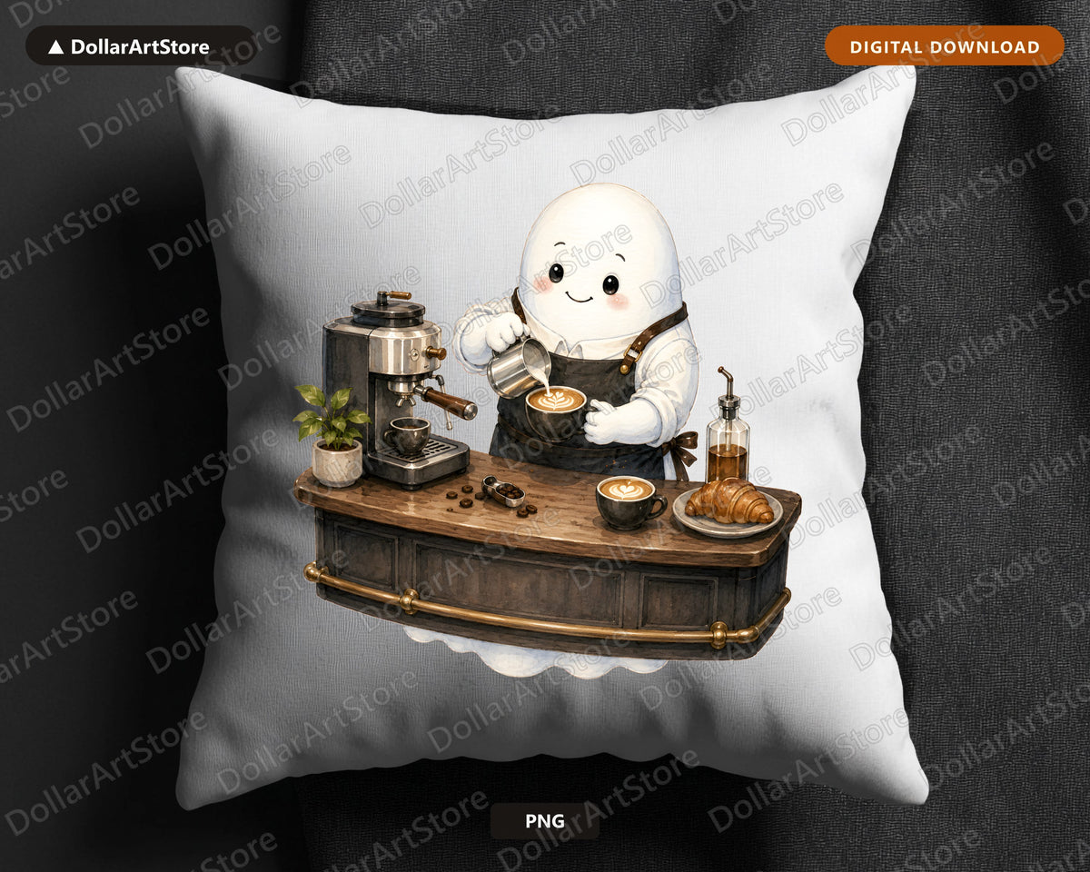 Cute Coffee Barista Ghost PNG, Sublimation Design, Shirt & Tumbler Design Digital Download