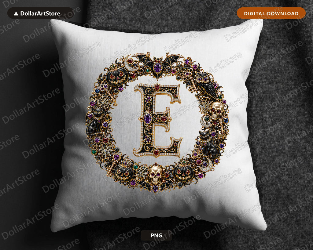 Letter E Halloween Monogram PNG, Ornate Gothic Jewelry Design, Sublimation Download
