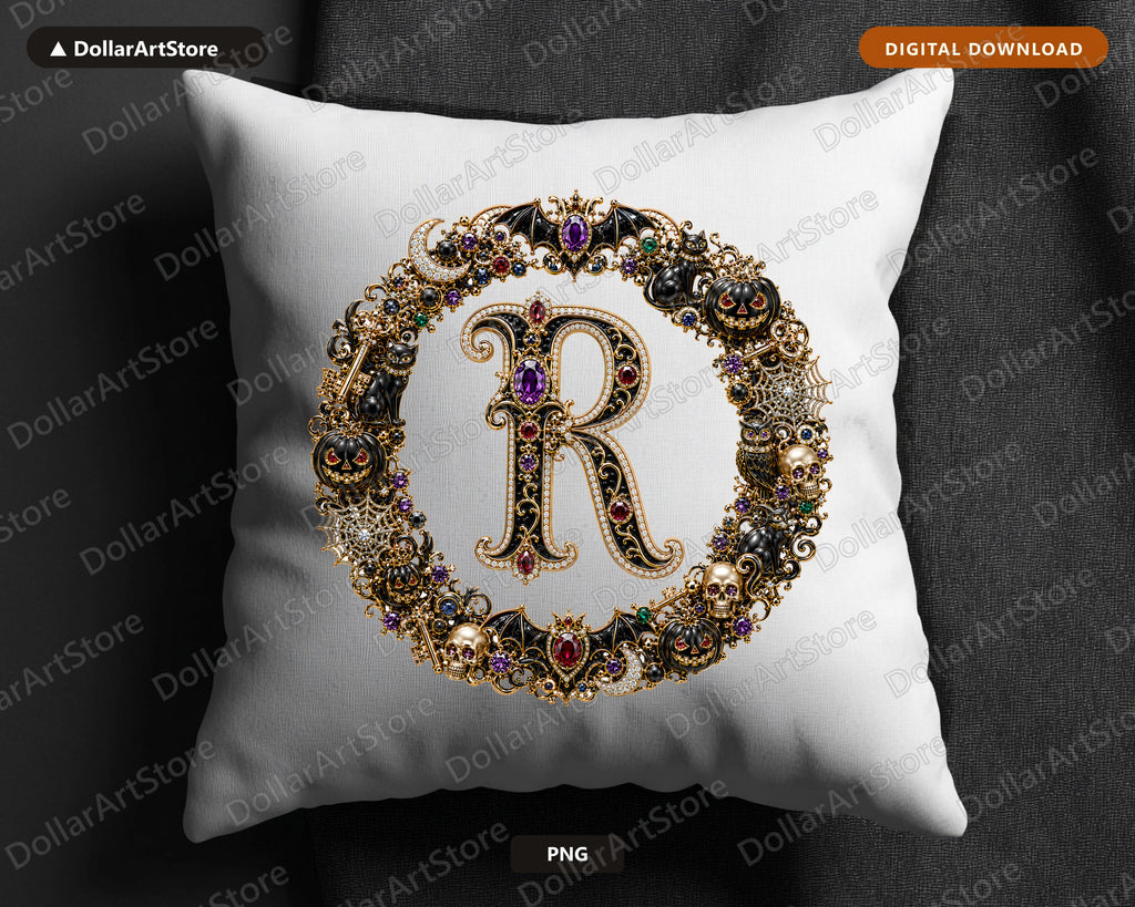 Halloween Monogram R PNG, Ornate Gothic Letter, Sublimation Design Digital Download
