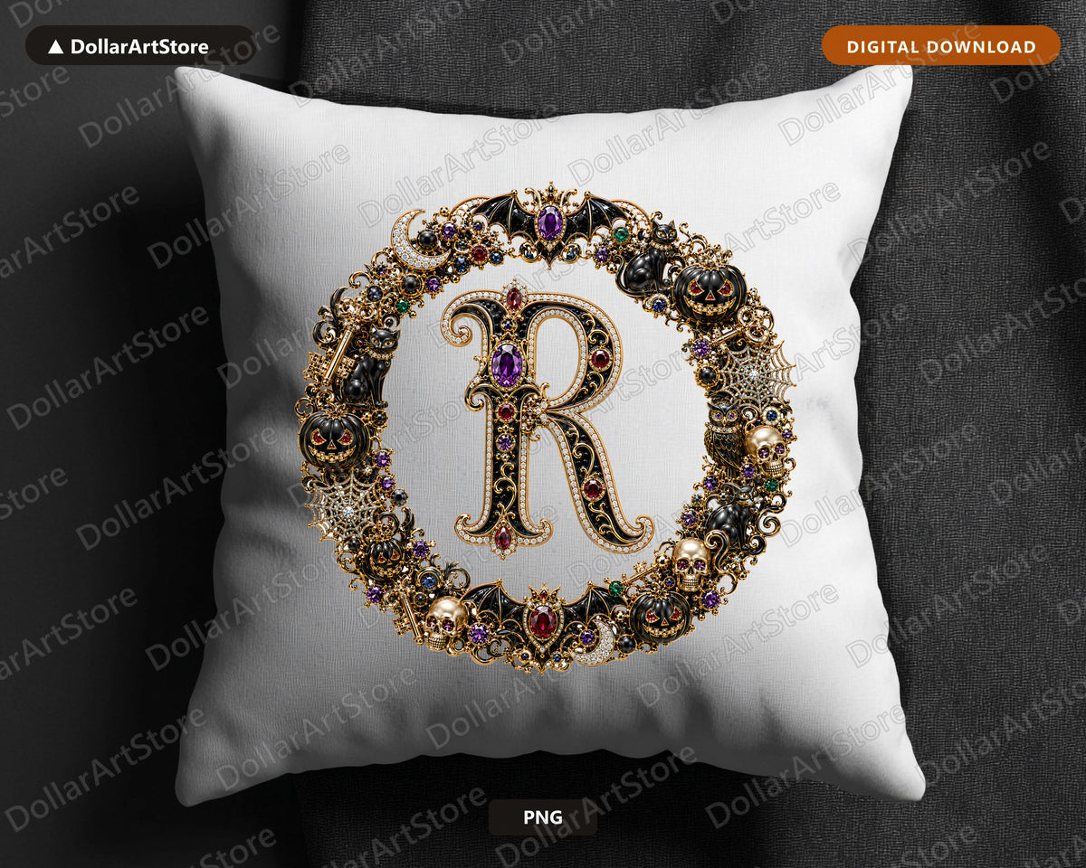 Halloween Monogram R PNG, Ornate Gothic Letter, Sublimation Design Digital Download