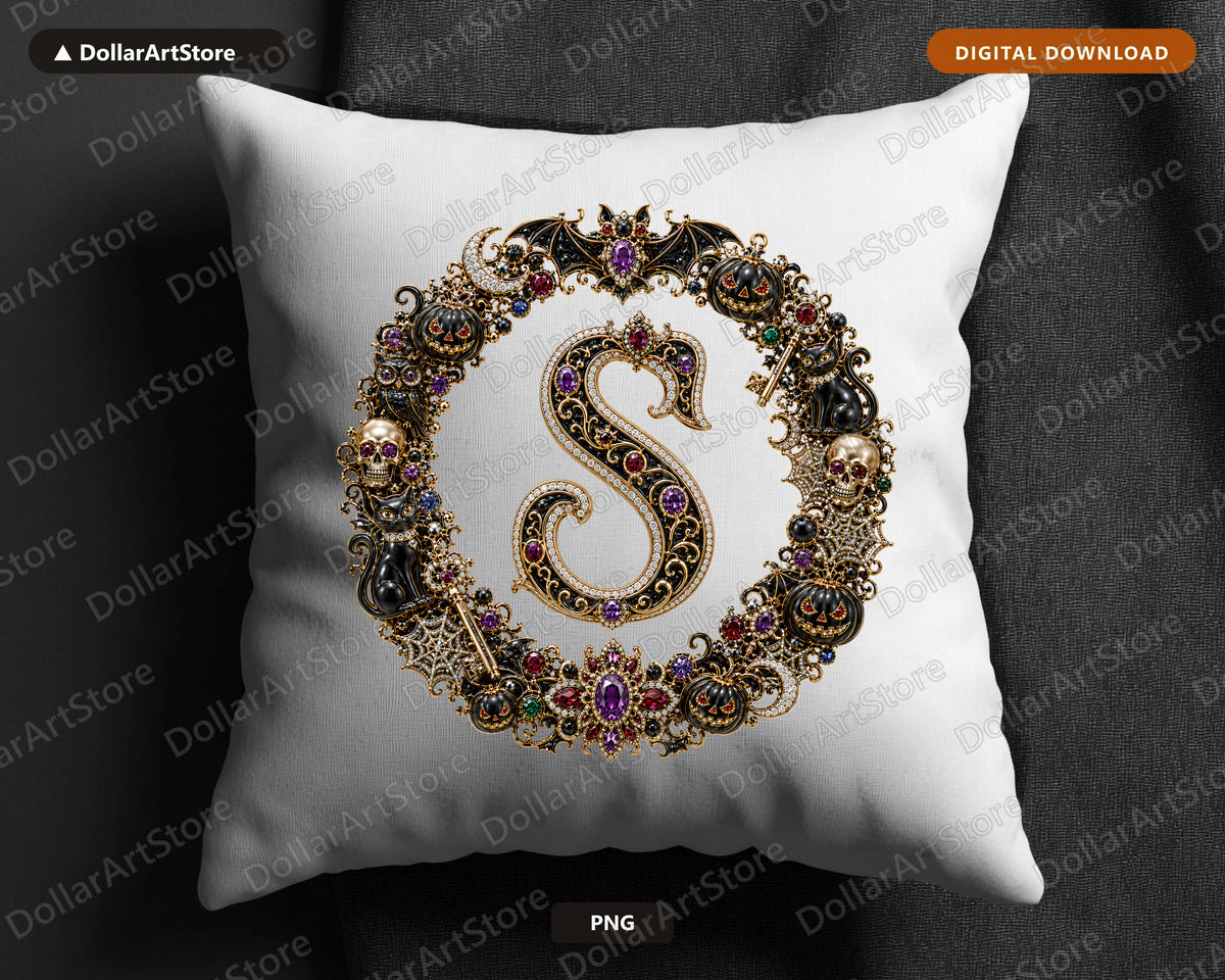 Halloween Monogram S PNG, Gothic Ornate Design, Sublimation Print