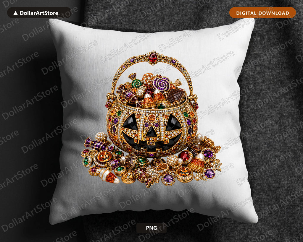 Luxury Jeweled Pumpkin Basket PNG, Halloween Sublimation Design Digital Download