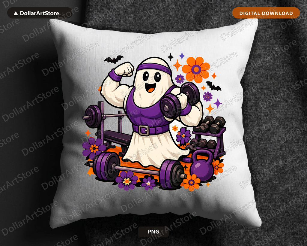 Cute Gym Ghost PNG, Funny Halloween Fitness Sublimation Design Digital Download