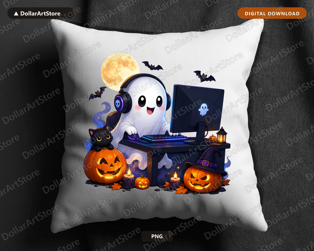 Cute Gaming Ghost PNG, Halloween Sublimation Design, Gamer Shirt Design Digital Download