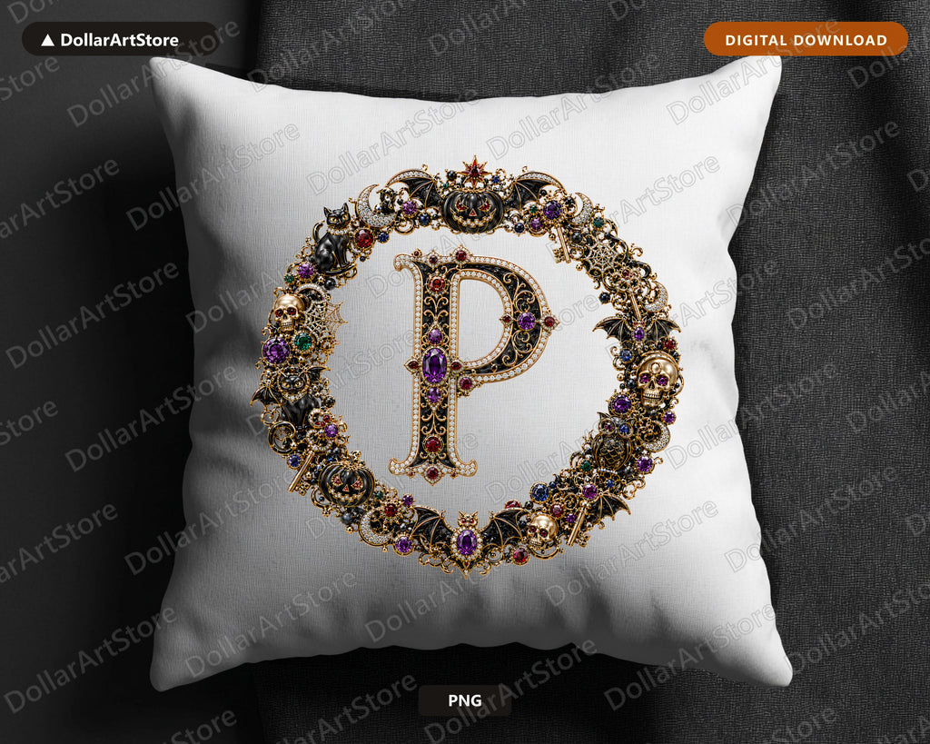 Halloween Monogram Letter P PNG, Gothic Sublimation Design, Shirt Print Digital Download