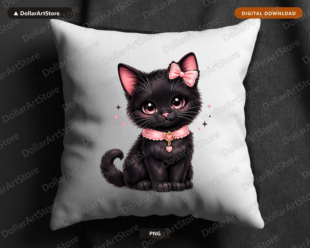 Coquette Black Cat PNG, Pink Bow Halloween Design Digital Download