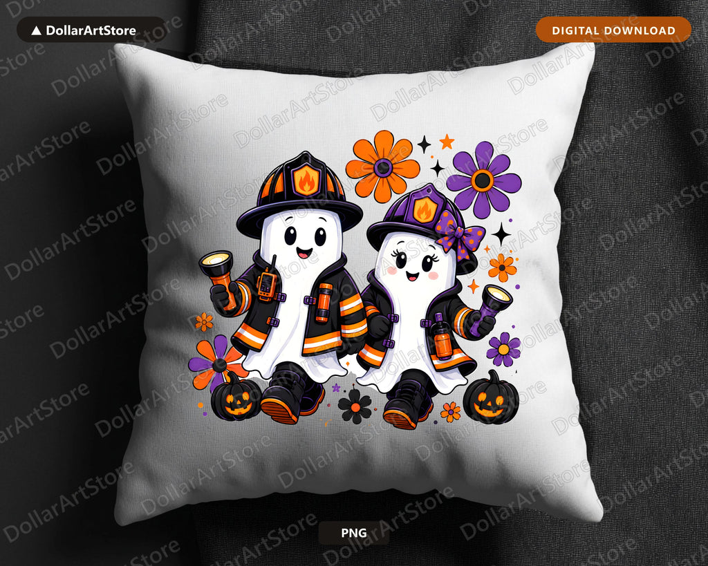 Cute Firefighter Ghosts PNG, Halloween Sublimation Design, Shirt Design Digital Download