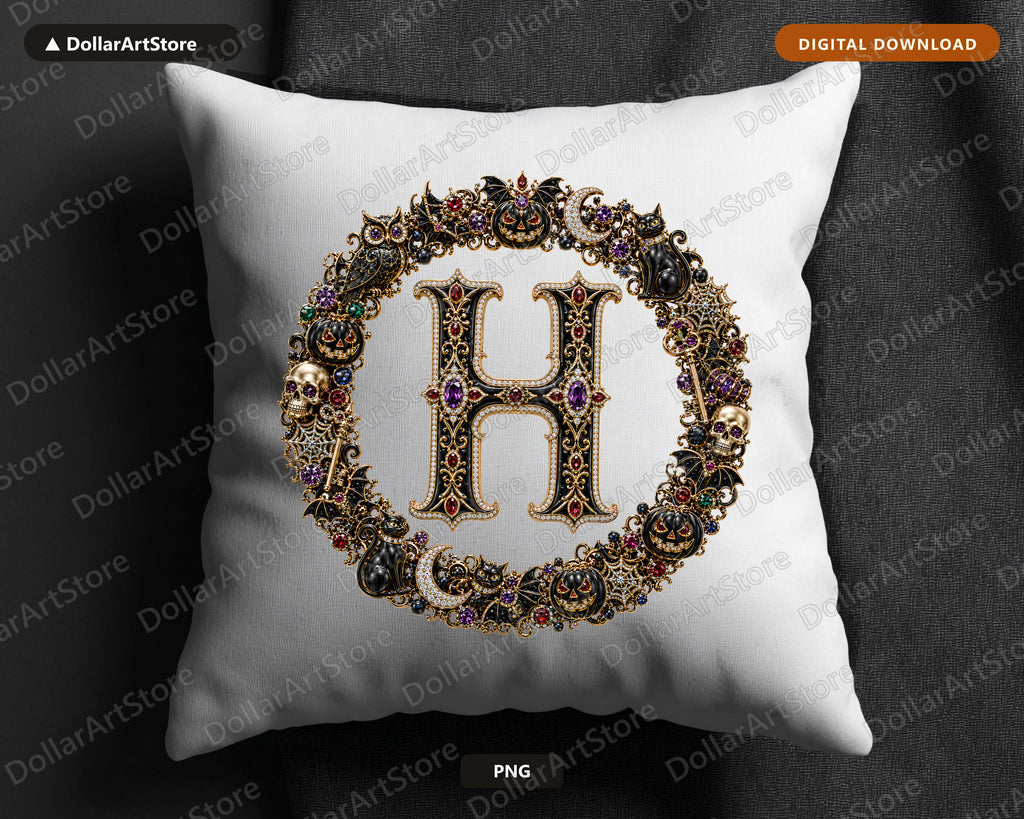 Halloween Letter H Monogram PNG, Ornate Gothic Design, Sublimation Print
