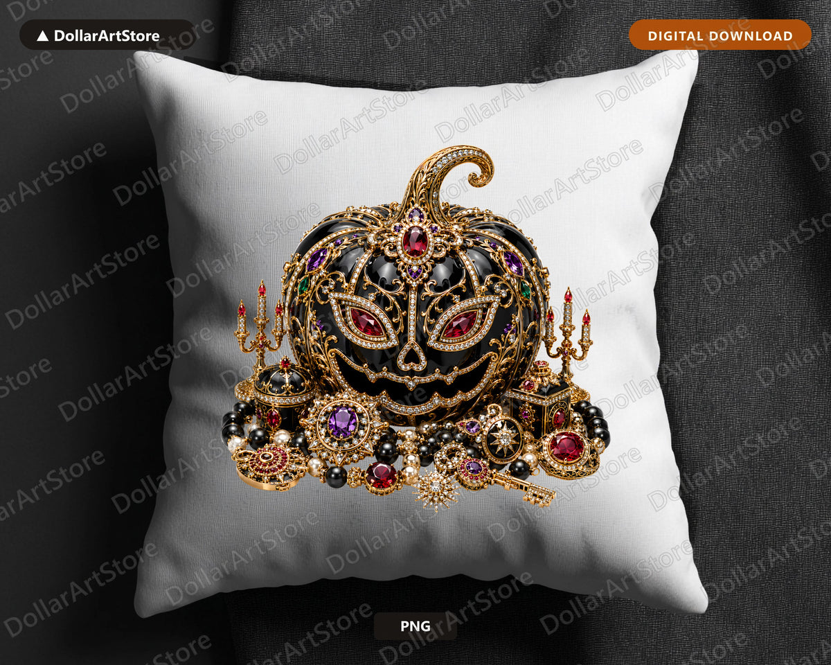 Luxury Gothic Halloween Pumpkin PNG, Ornate Jeweled Sublimation Design