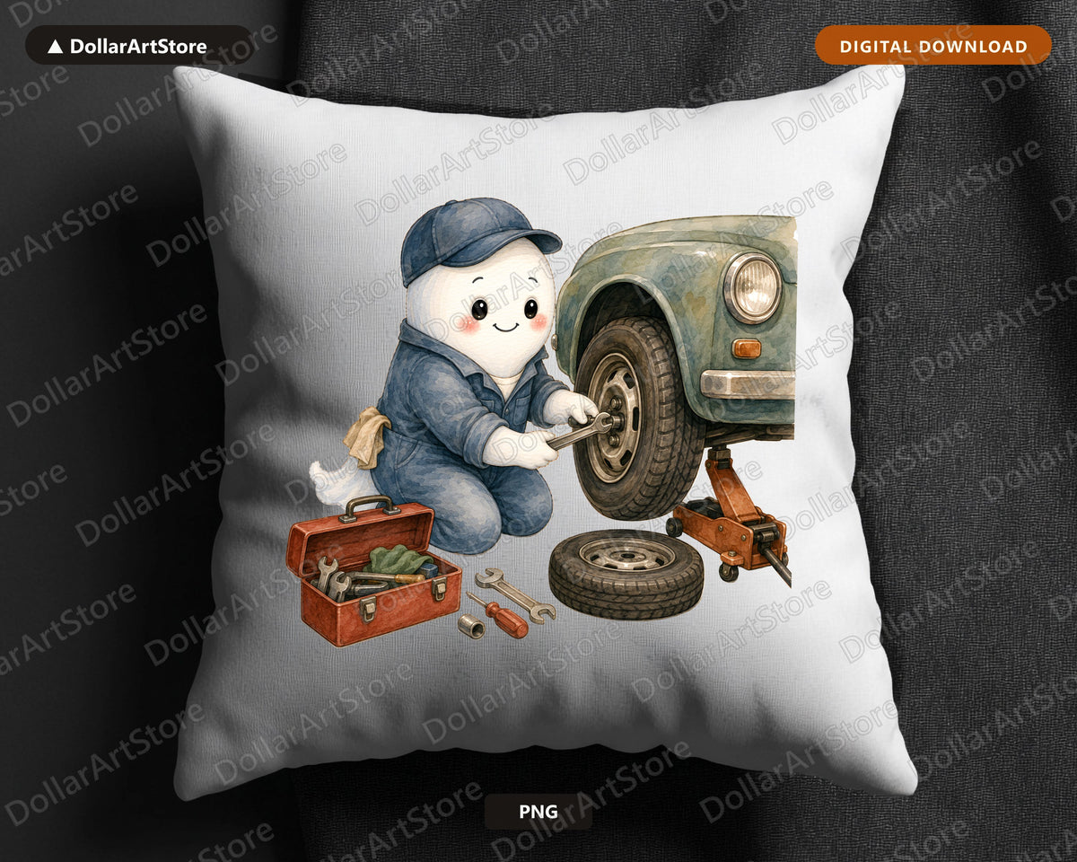 Cute Ghost Mechanic PNG, Vintage Car Repair Design, Sublimation Download