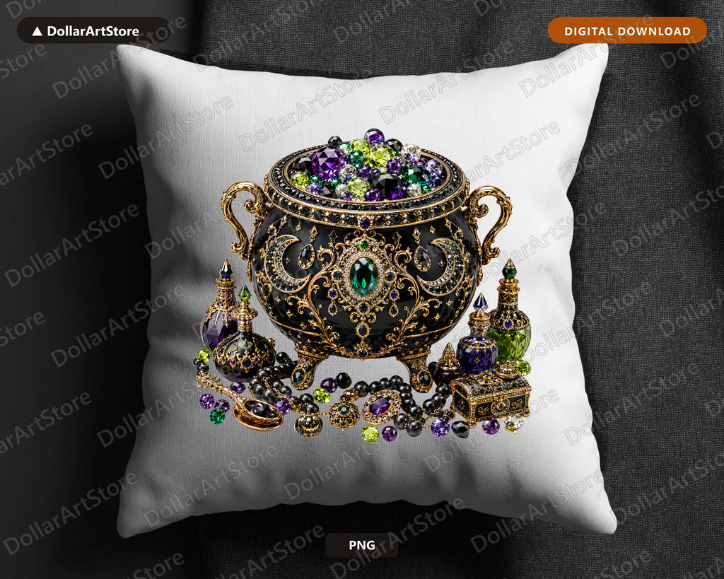 Gothic Witch's Cauldron PNG, Ornate Jewelry Design, Sublimation Print