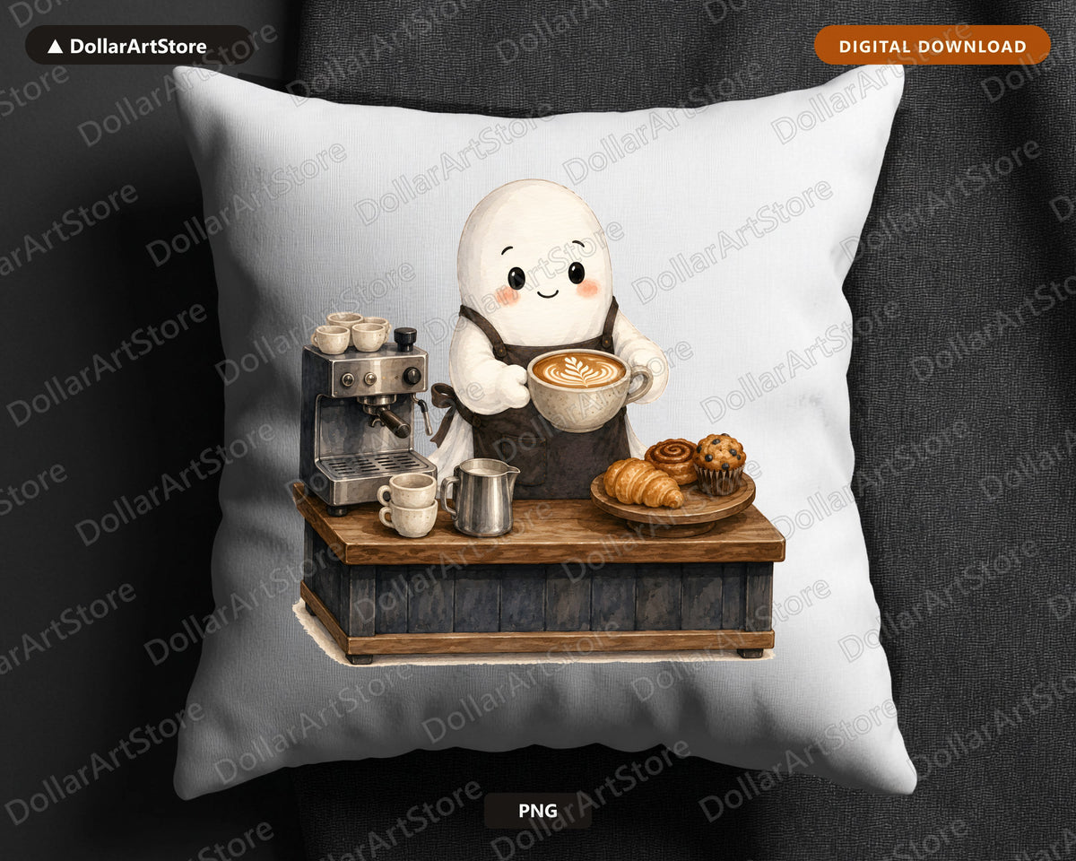 Cute Ghost Barista PNG, Sublimation Design, Coffee Shirt PNG Digital Download