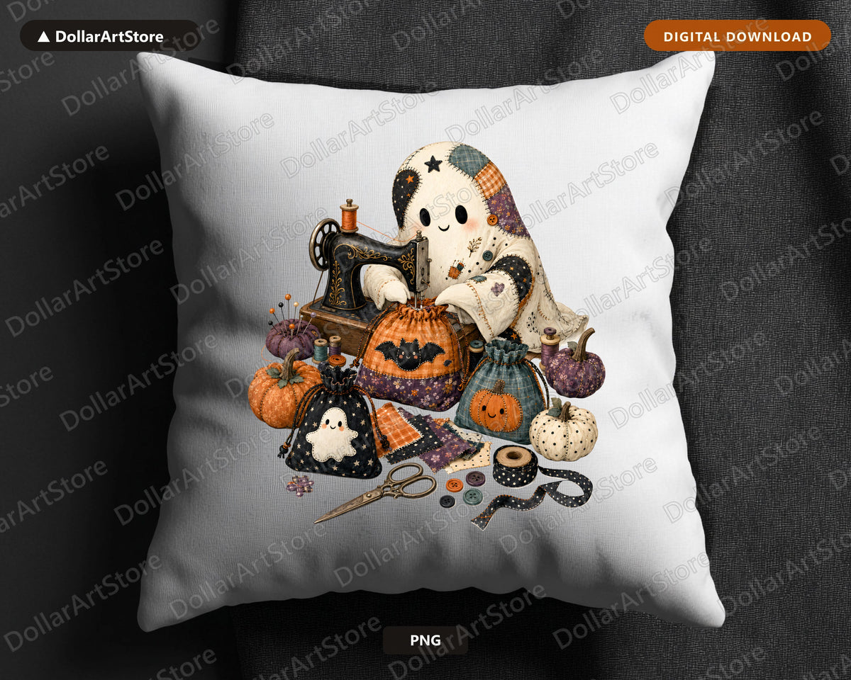 Crafting Ghost PNG, Halloween Sublimation Design, Sewing Witch Shirt Print