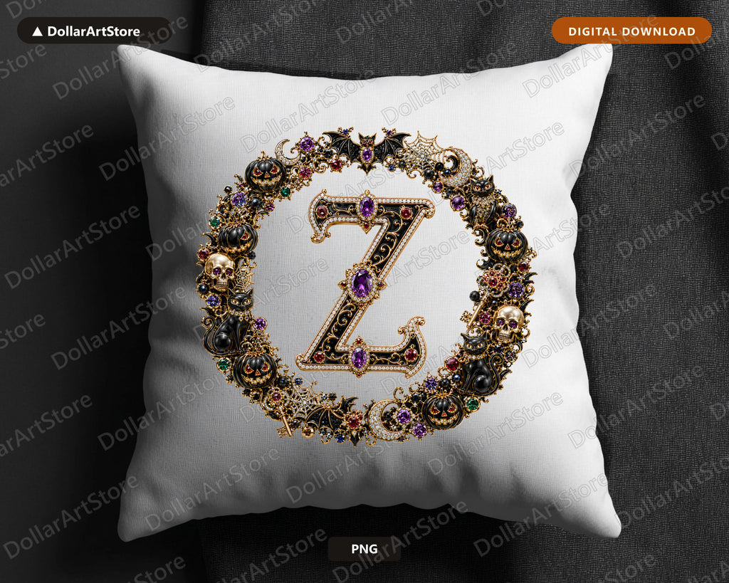 Letter Z Halloween Monogram PNG, Gothic Gold Skull Sublimation Design