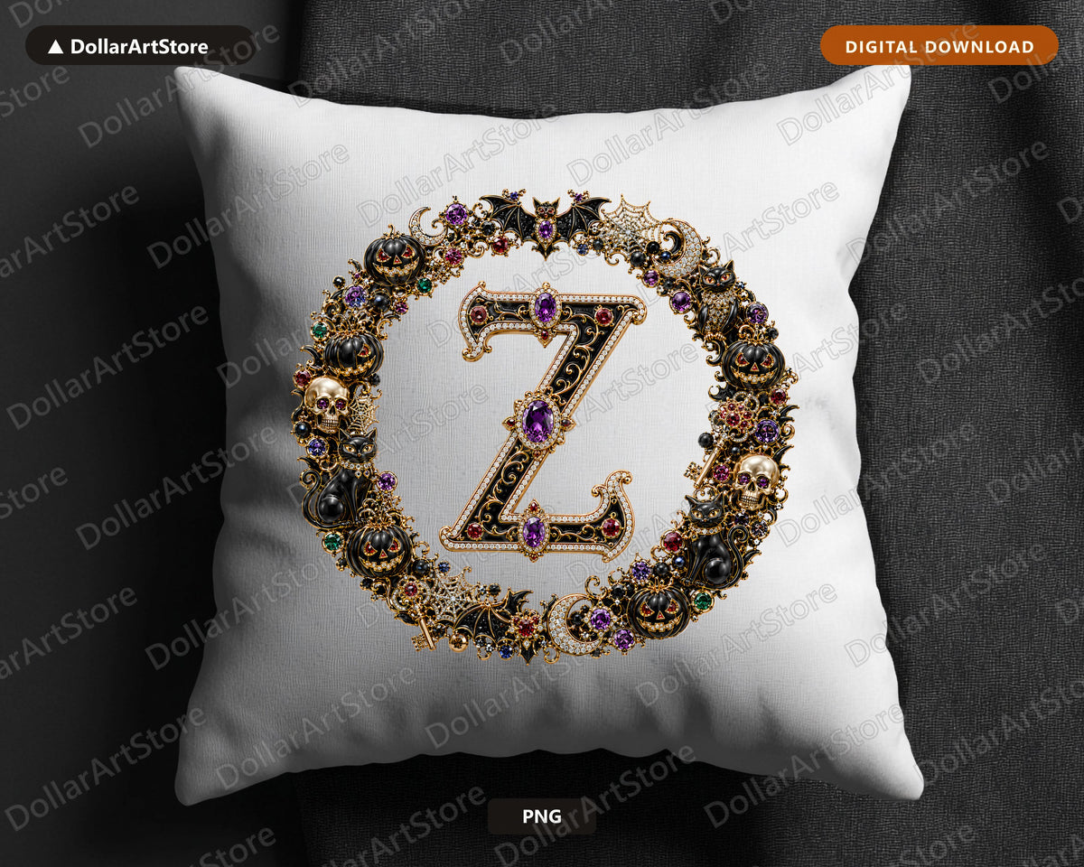 Letter Z Halloween Monogram PNG, Gothic Gold Skull Sublimation Design