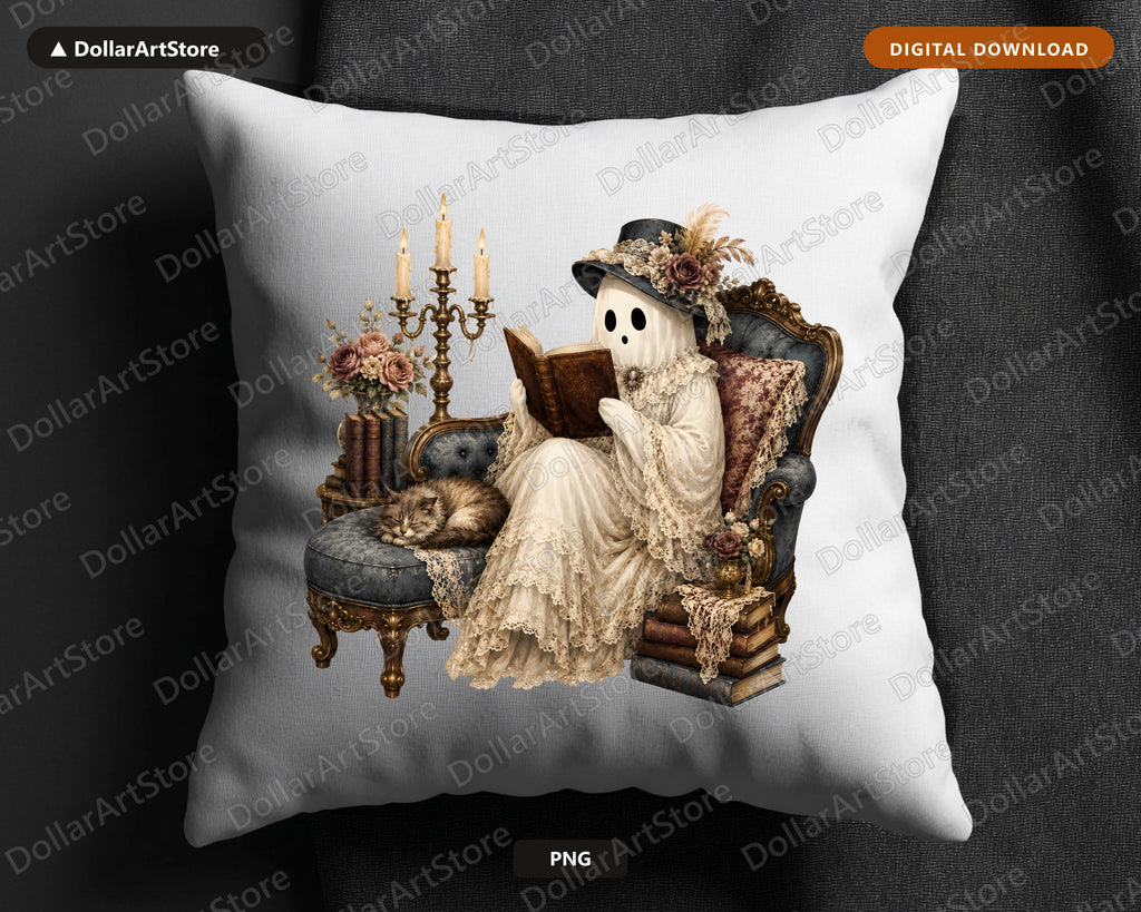 Bookish Ghost PNG, Vintage Gothic Sublimation Design, Digital Download
