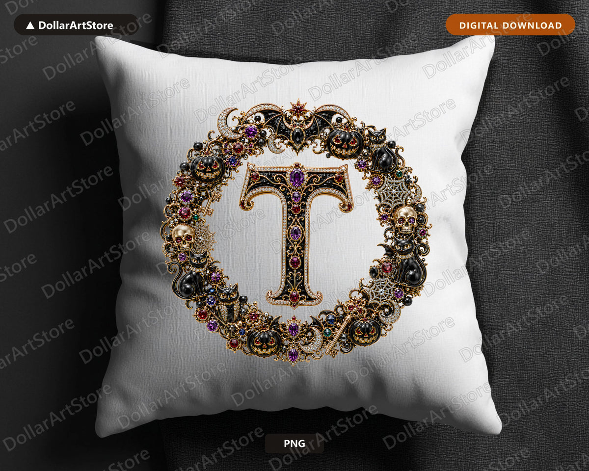 Halloween Monogram T PNG, Gothic Ornate Letter Design, Sublimation Shirt Design