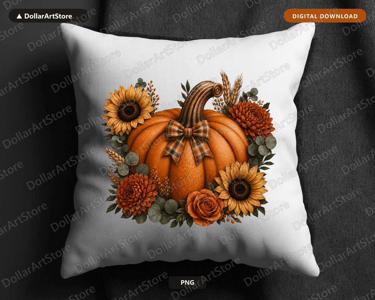 Autumn Pumpkin PNG, Fall Floral Sublimation Design, Shirt Print Digital Download