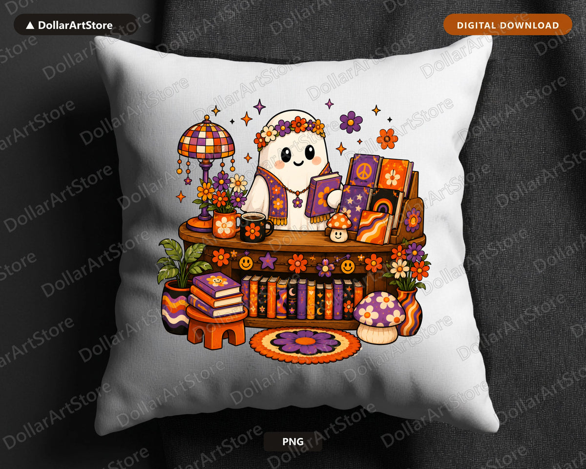 Groovy Bookish Ghost PNG, Sublimation Design, Retro Shirt Design Digital Download