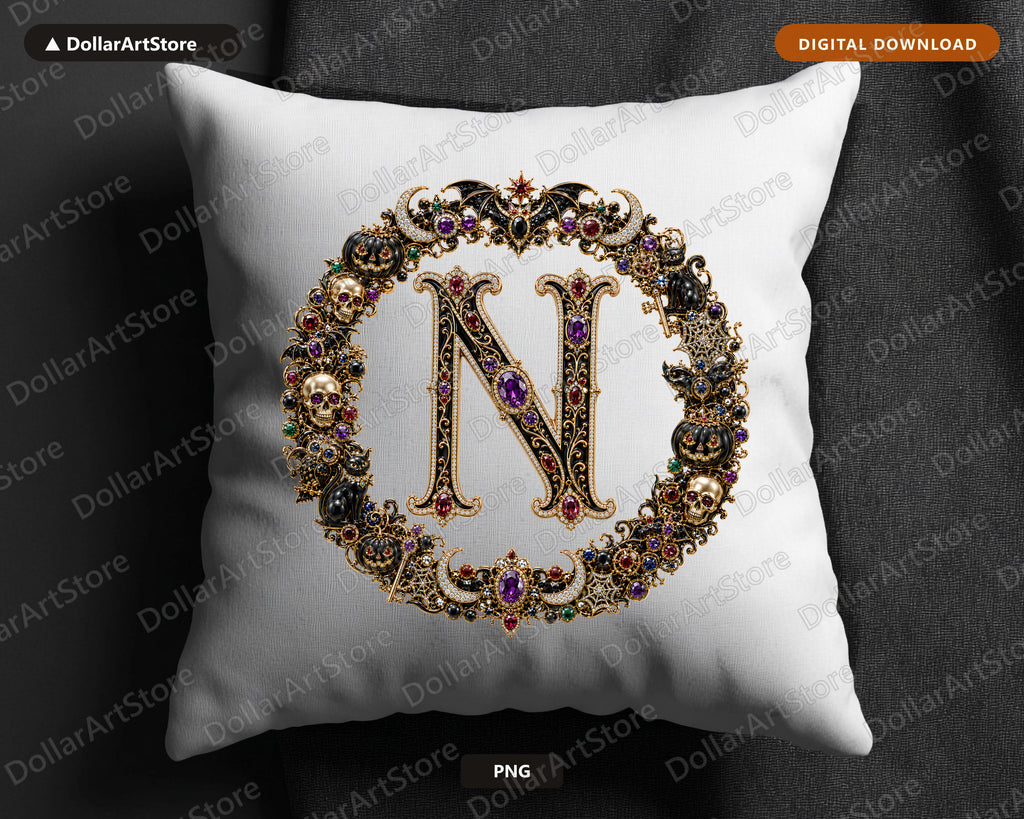 Halloween Monogram PNG N, Gothic Ornate Letter Design, Sublimation Shirt Download