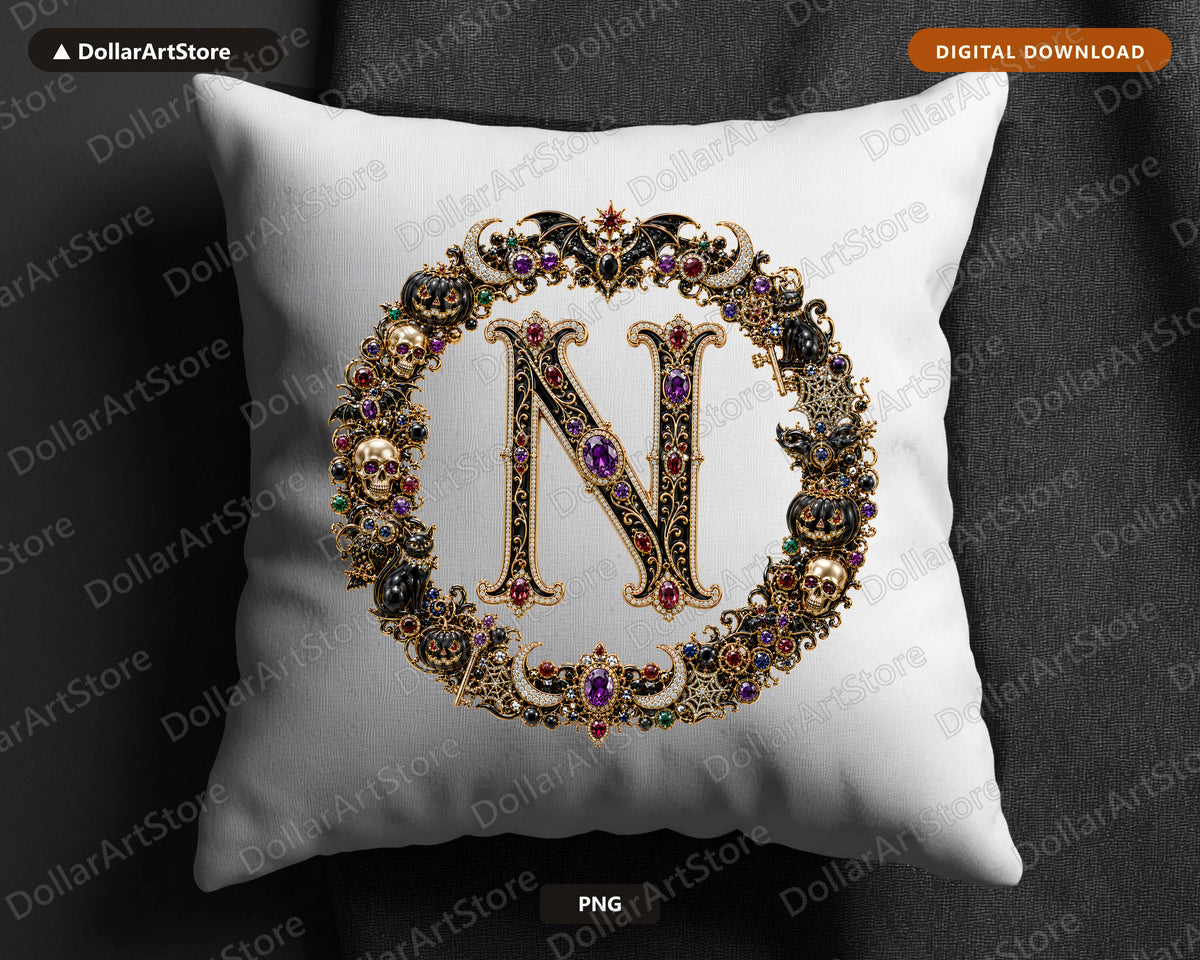 Halloween Monogram PNG N, Gothic Ornate Letter Design, Sublimation Shirt Download