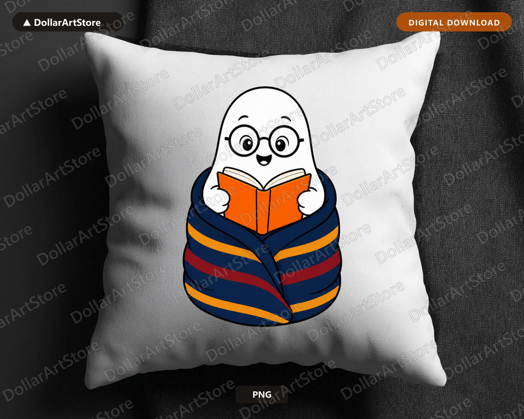 Bookish Ghost PNG, Cute Reading Character Design, Sublimation Digital Download