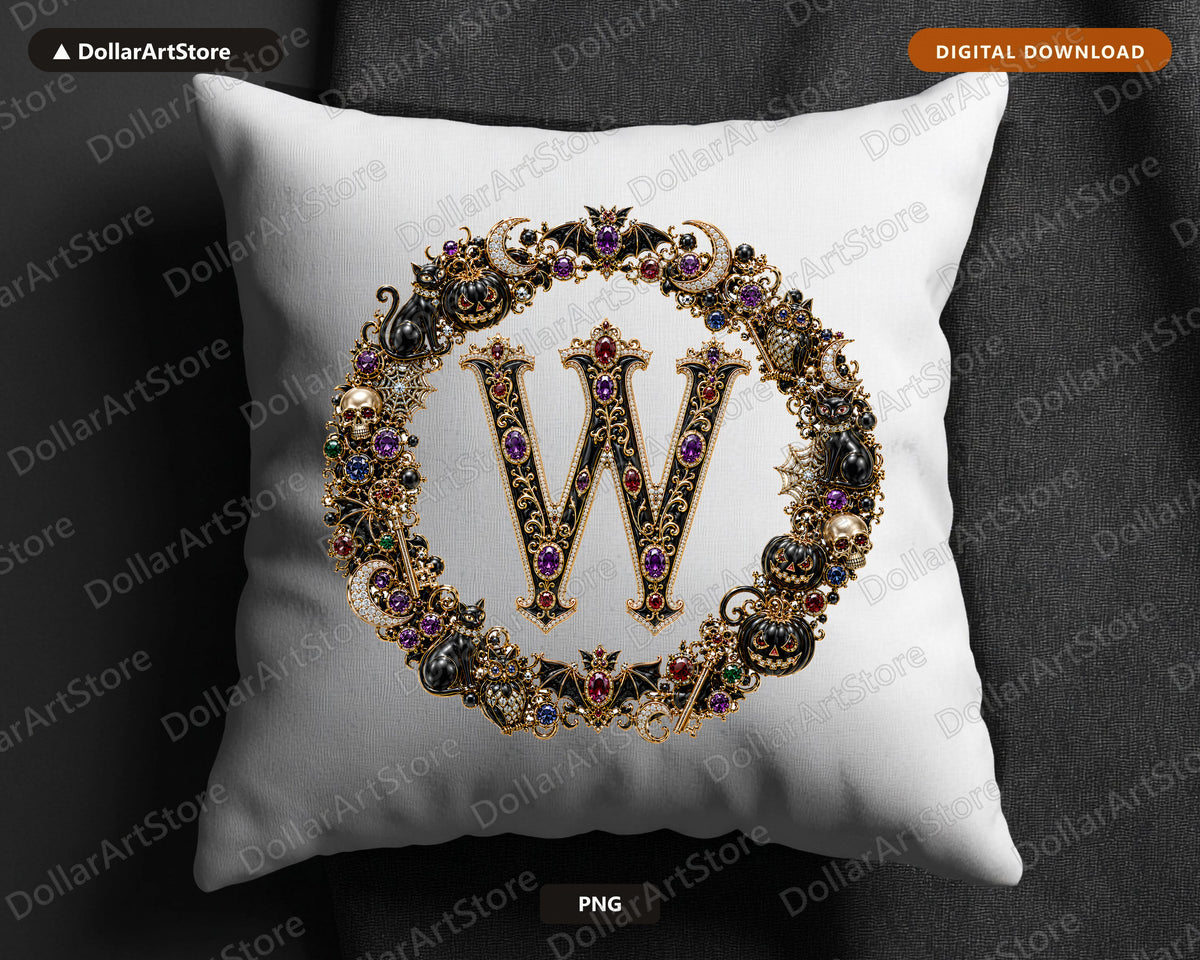 Halloween Monogram W PNG, Gothic Ornate Letter, Sublimation Design