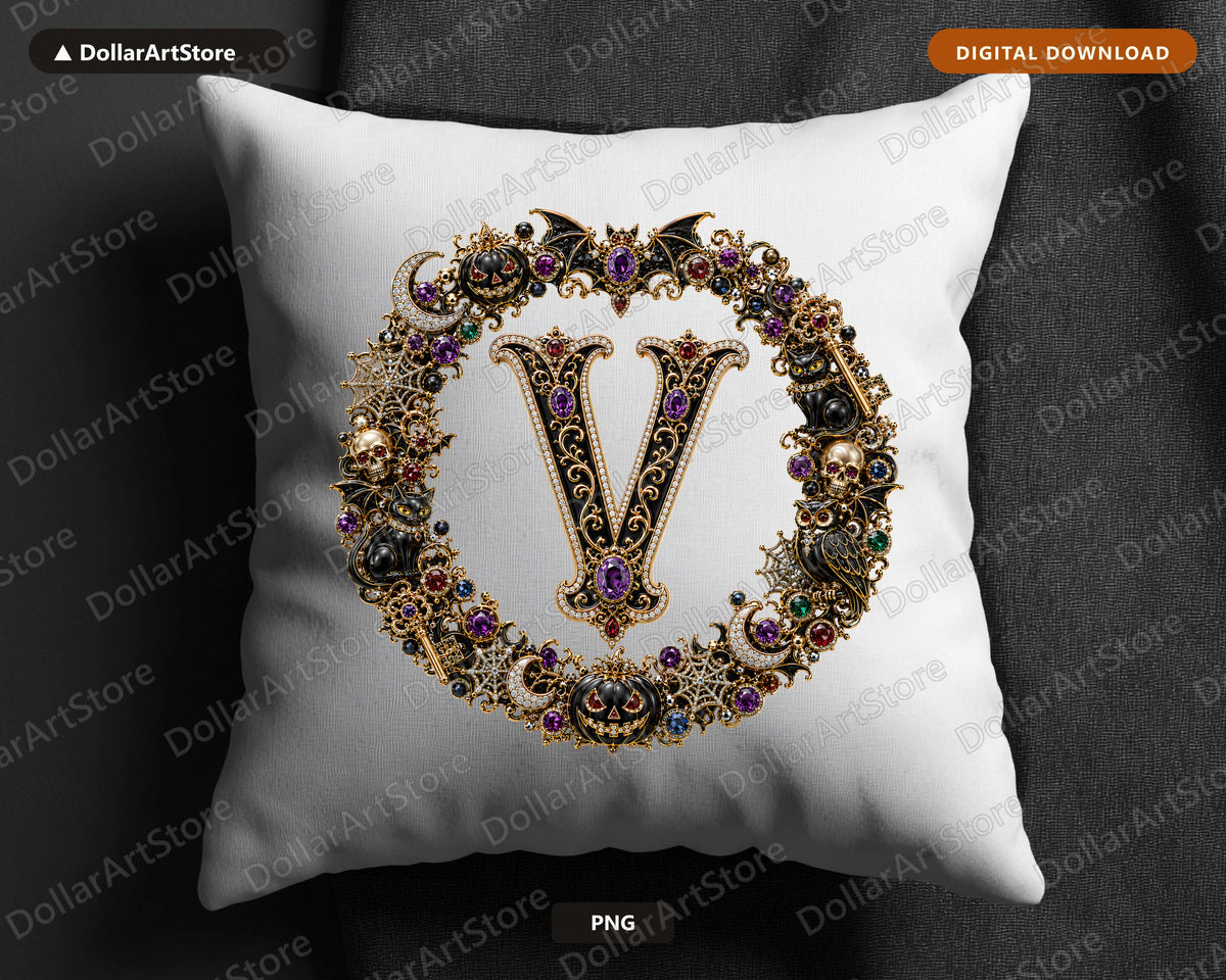 Gothic Monogram Letter V PNG, Luxury Halloween Sublimation Design, Print on Demand