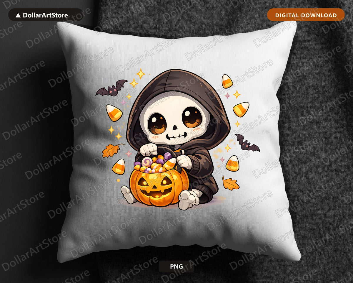 Cute Skeleton Grim Reaper PNG, Halloween Sublimation Design, Shirt & Tumbler