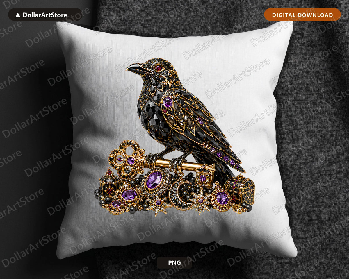 Gothic Raven PNG, Jeweled Black Bird, Ornate Sublimation Design