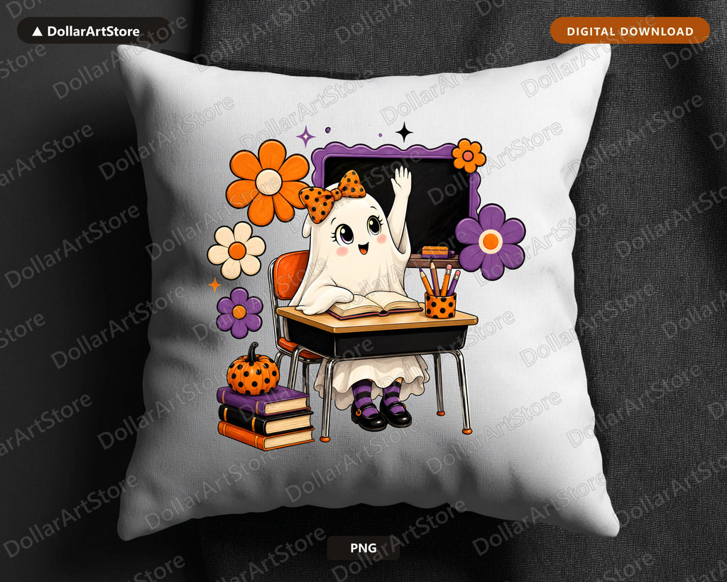 Cute Halloween Ghost PNG, School Desk Design, Sublimation Download