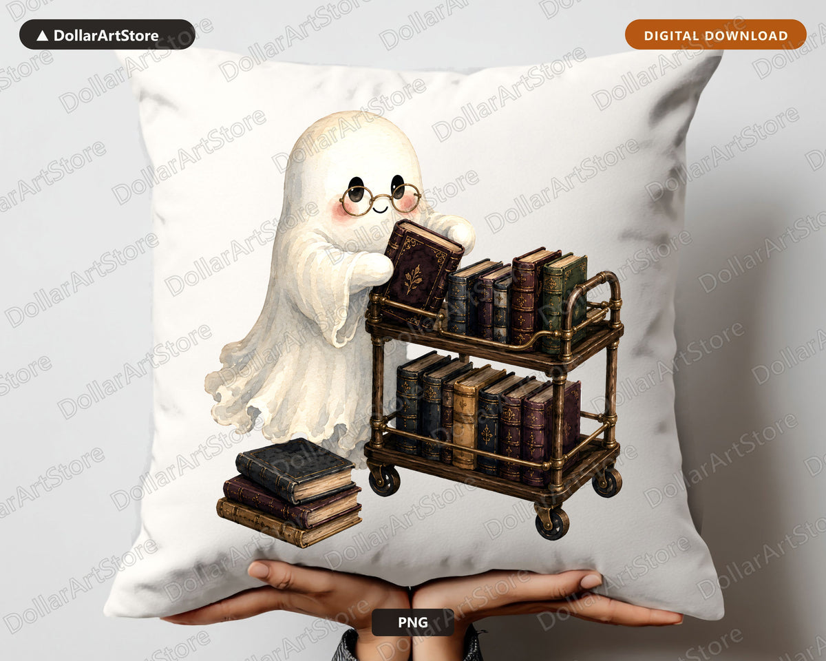 Bookish Ghost PNG Sublimation Design, Library Cart Shirt Print Digital Download