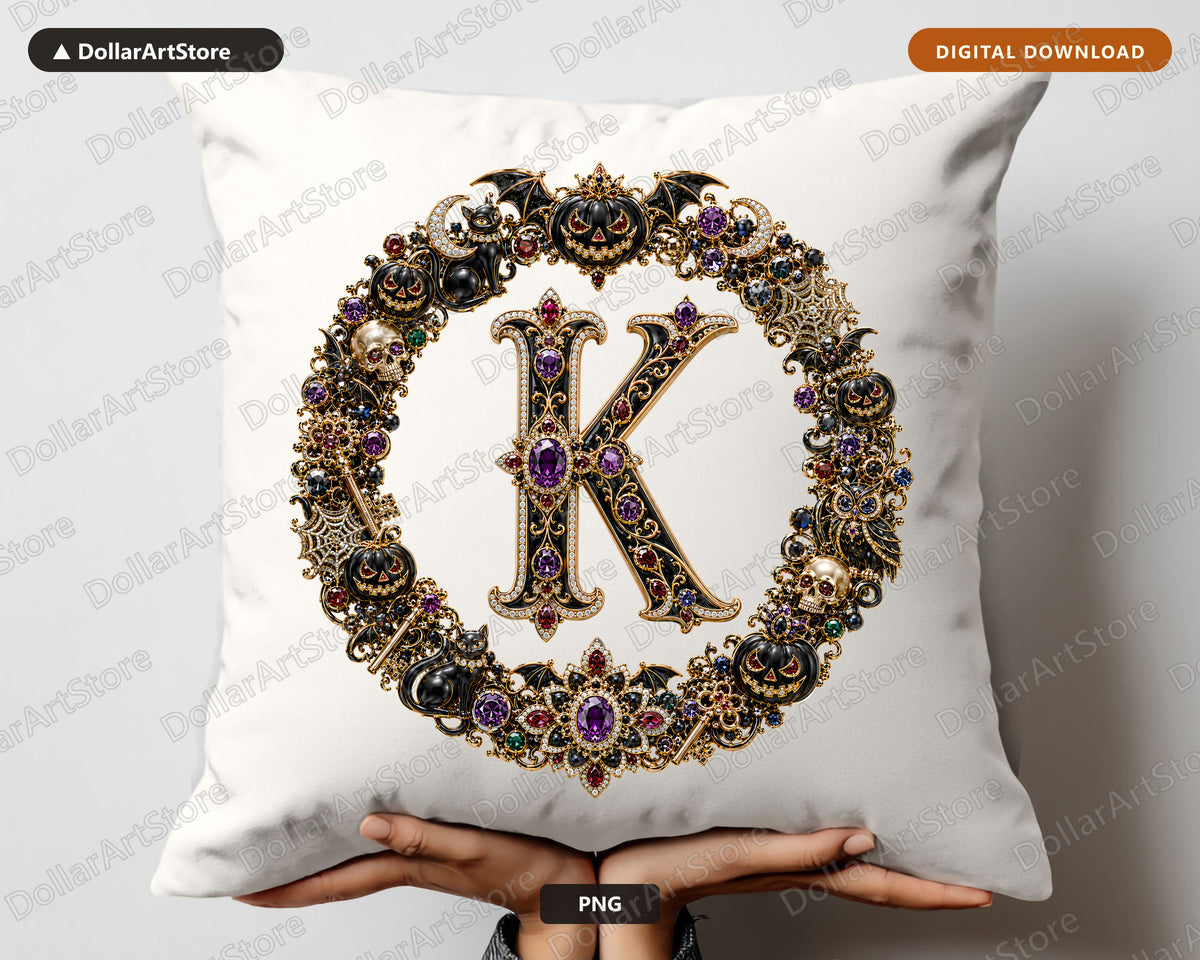 Letter K Halloween Monogram PNG, Luxury Gothic Design, Sublimation Download