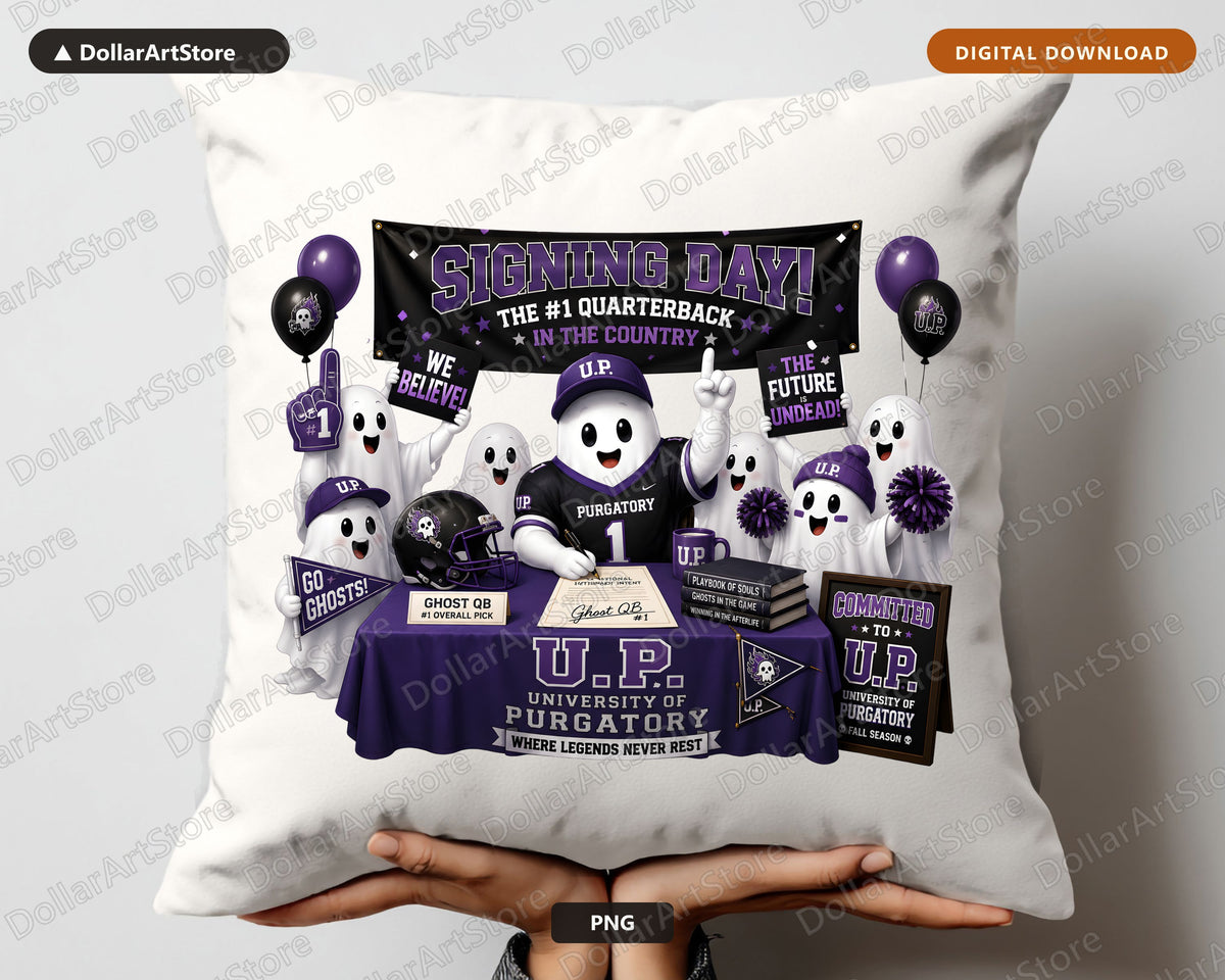 Cute Ghost Quarterback Football PNG, U of Purgatory Signing Day, Sublimation Design