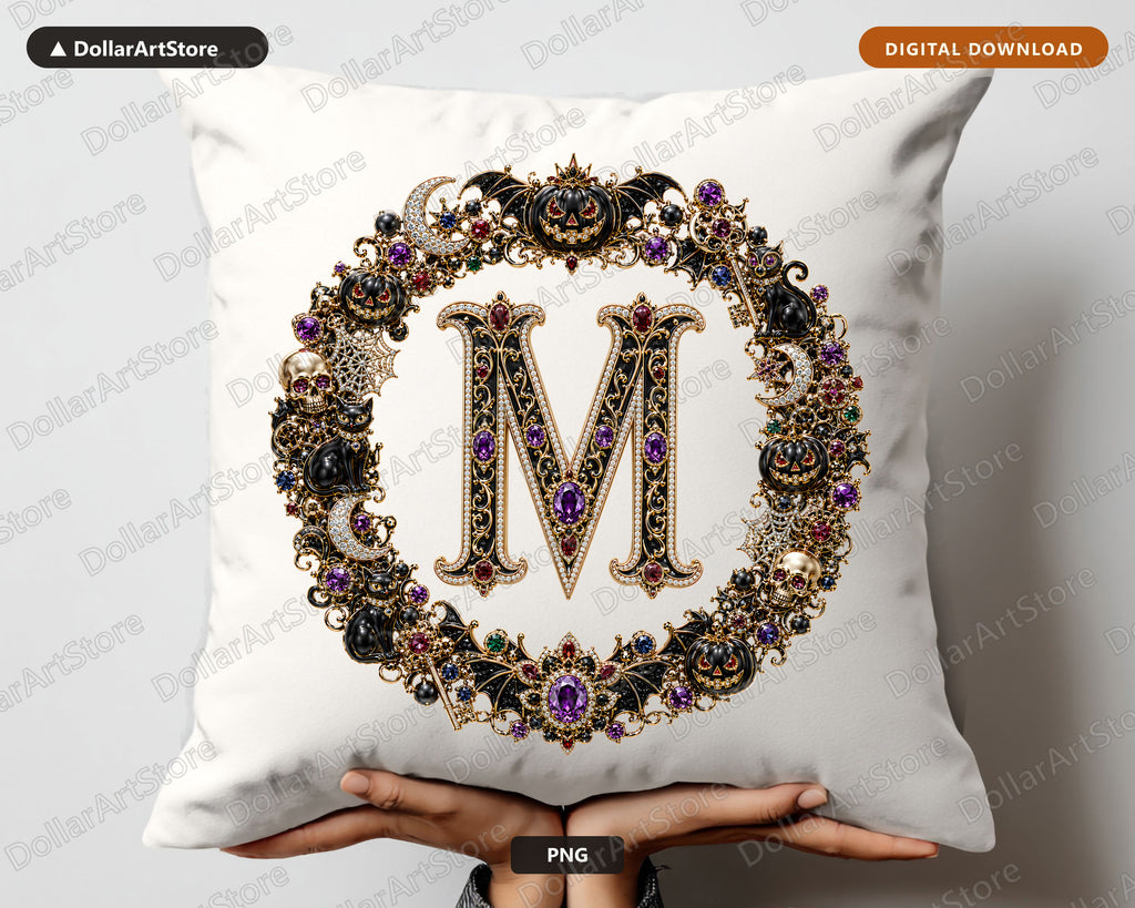 Halloween Monogram M PNG, Spooky Ornamental Letter Design, Sublimation Graphics