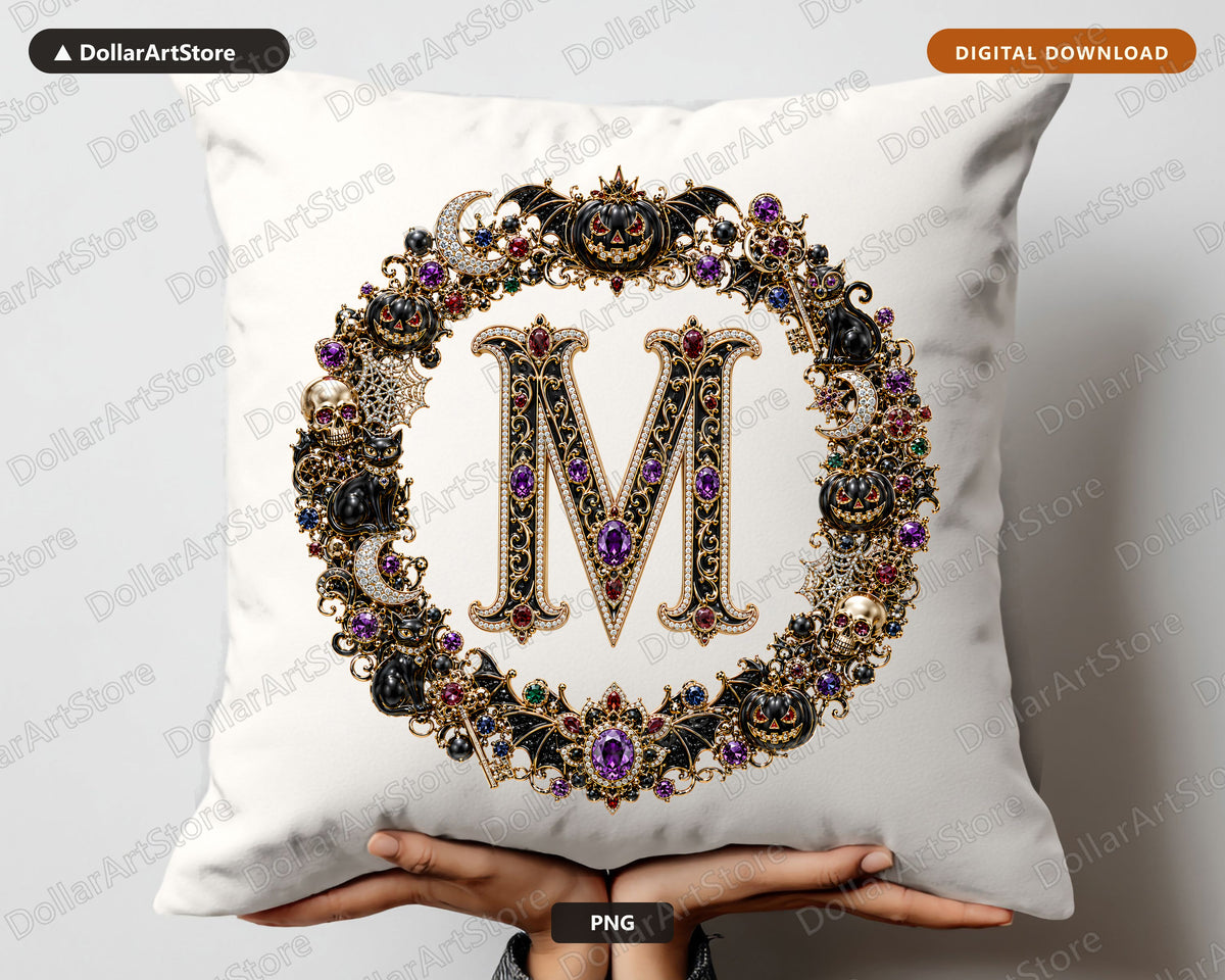 Halloween Monogram M PNG, Spooky Ornamental Letter Design, Sublimation Graphics