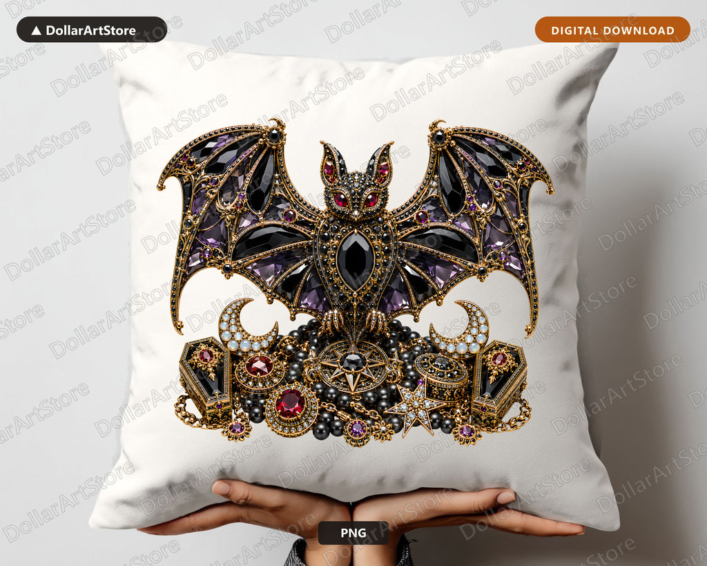 Gothic Bat PNG, Ornate Jeweled Design, Sublimation Shirt & Tumbler Print
