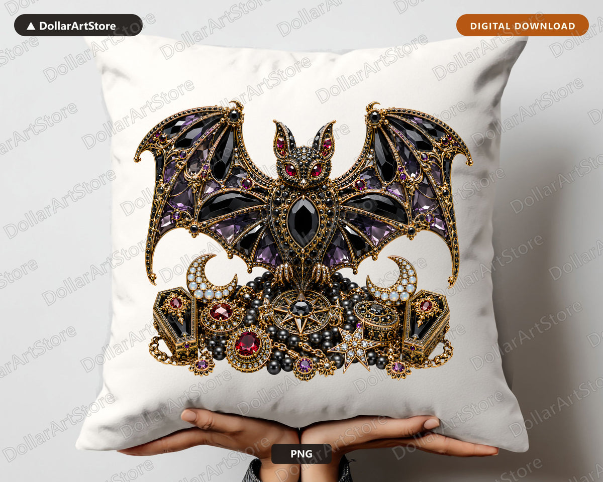 Gothic Bat PNG, Ornate Jeweled Design, Sublimation Shirt & Tumbler Print