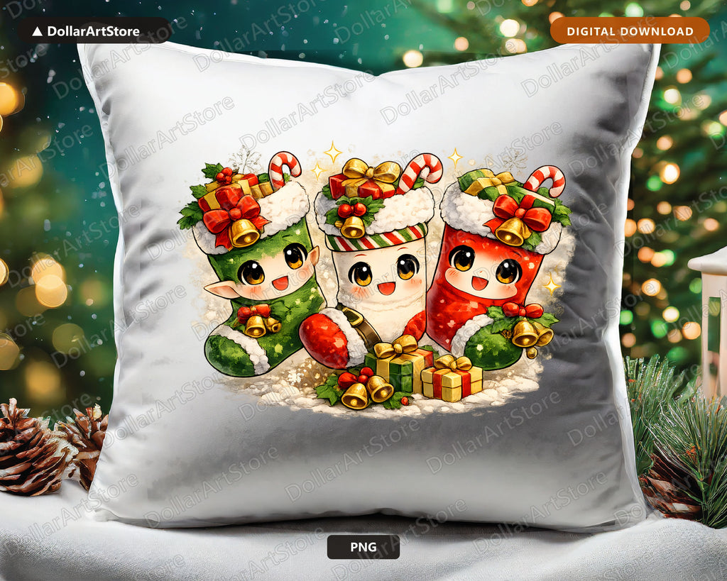 Cute Christmas Stockings PNG, Kawaii Holiday Design, Sublimation Digital Download