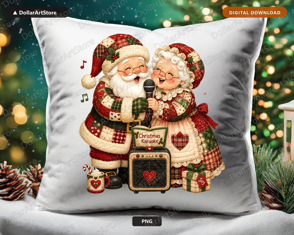 Santa & Mrs Claus Karaoke PNG, Patchwork Christmas Design, Sublimation Download