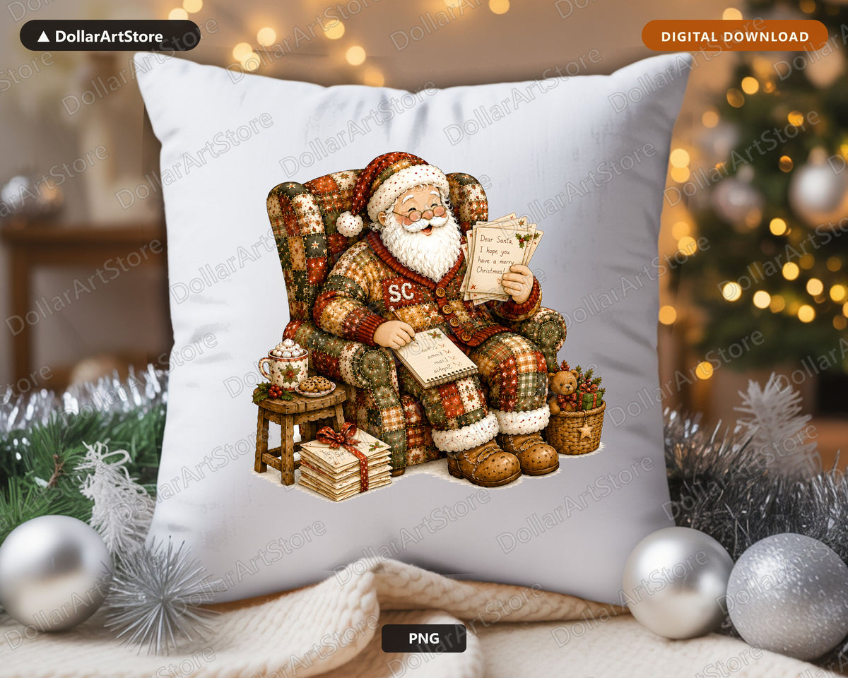 Santa Patchwork PNG, Vintage Christmas Design, Sublimation Shirt Print