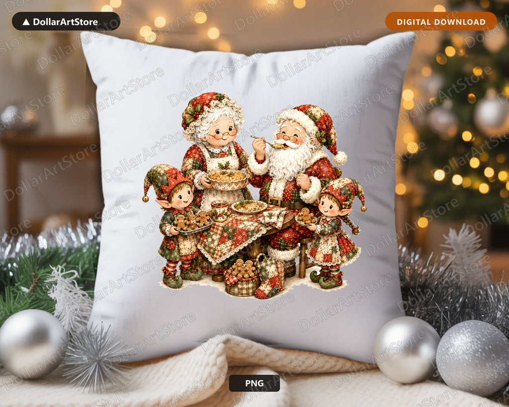 Santa Patchwork PNG, Mrs Claus Elves Christmas Sublimation Design Digital Download