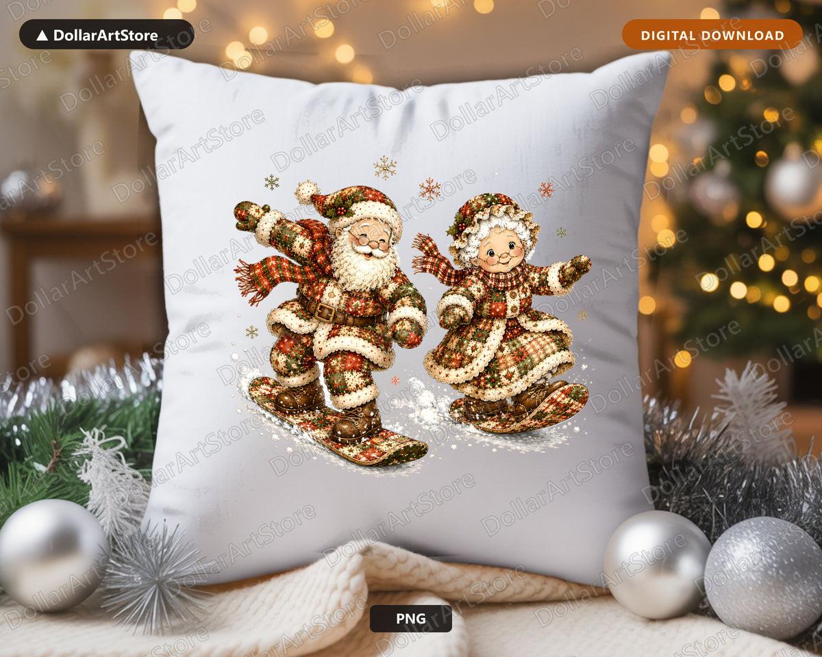 Patchwork Santa PNG Sublimation Design, Skiing Christmas Shirt Design